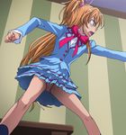  aqua_skirt aria_gakuen_school_uniform blue_shirt bow brown_hair haruyama_kazunori houjou_hibiki layered_skirt miniskirt panties pantyshot pink_bow precure school_uniform shirt skirt striped striped_panties striped_skirt suite_precure underwear upskirt 