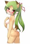  breasts butt canine female fox green_hair hair long_green_hair long_hair looking_at_viewer mammal nipples nude plain_background raijin red_eyes ribbons solo standing white_background 