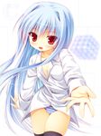  beckoning blue_hair cube cube_x_cursed_x_curious dress_shirt fear_kubrick long_hair no_pants open_collar open_mouth outstretched_arm outstretched_hand panties red_eyes shirt solo striped striped_panties thighhighs underwear very_long_hair yuku_(kiollion) 