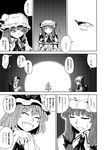  2girls ^_^ blush_stickers book bow candle chair closed_eyes comic crescent fangs greyscale happy hat hat_bow monochrome multiple_girls open_mouth patchouli_knowledge remilia_scarlet sitting table touhou translated yokochou 