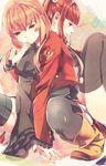  armband black_legwear blue_eyes boots brown_hair holding_hands long_hair mammon multiple_girls panties pantyshot paperclip pekoo_(pekota) puffy_sleeves red_eyes red_hair skindentation stakes_of_purgatory thighhighs umineko_no_naku_koro_ni underwear ushiromiya_ange yuri 