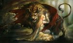  all_fours cape dress fantasy feline female feral hi_res horn human lion looking_at_viewer mammal manticore open_mouth raised_tail s@e sitting tail teeth 