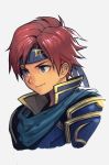  1boy armor blue_eyes cape fire_emblem fire_emblem:_fuuin_no_tsurugi hankuri headband nintendo pauldrons portrait red_hair roy_(fire_emblem) simple_background solo white_background 