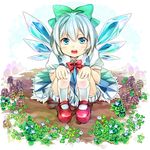  bad_id bad_pixiv_id bloomers blue_dress blue_eyes blue_hair bow cirno dress flower full_body hair_bow hands_on_own_knees ice ice_wings mary_janes open_mouth plant ribbon shoes short_hair simple_background solo squatting touhou underwear white_legwear wings zanunoneko 