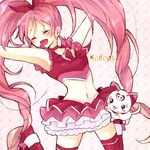 ^_^ armpits arms_up bow braid brooch cat character_name choker closed_eyes cure_melody dress frills hair_ribbon happy houjou_hibiki hummy_(suite_precure) jewelry jumping long_hair magical_girl midriff navel open_mouth pink_bow pink_choker pink_hair pink_legwear precure ribbon riku_manoue shoes suite_precure thighhighs twintails white_background zettai_ryouiki 
