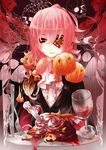  blood candle candy cup eyepatch fork gore guro highres knife long_hair makeup male male_focus original pink_hair pumpkin red_eyes skull slit_pupils slitted_pupils solo vampire wine_glass 
