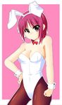  angel_beats! animal_ears bow bowtie bunny_ears bunny_tail bunnysuit detached_collar fishnet_pantyhose fishnets iwasawa luckluck pantyhose red_eyes red_hair short_hair solo tail wrist_cuffs 