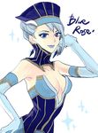  arm_up bare_shoulders blue_eyes blue_hair blue_rose_(tiger_&amp;_bunny) breasts character_name cleavage crystal_earrings dabih earrings elbow_gloves gloves hat jewelry karina_lyle lipstick makeup medium_breasts short_hair solo superhero tiger_&amp;_bunny 