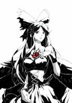  alternate_costume bare_shoulders bow breasts cape cleavage corset greyscale hair_bow hand_on_own_chest long_hair medium_breasts medium_skirt monochrome radiation_symbol red_eyes reiuji_utsuho shirt skirt solo spot_color sukocchi symbol-shaped_pupils touhou wings 