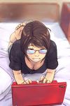  barefoot bed_sheet blush breasts brown_eyes brown_hair carina_(xiaowoo) cleavage computer downblouse feet glasses grin highres laptop lying medium_breasts on_stomach original pillow reflection short_hair smile solo thinkpad 