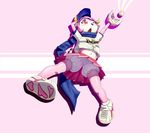  baseball_cap baseball_jersey bloomers buffalo_bell clothes_writing gloves hat horns kikuchi mascot miniskirt nippon_professional_baseball orix_buffaloes pink pink_eyes pink_hair pink_skirt pleated_skirt red_eyes short_hair skirt solo striped striped_skirt tail underwear 