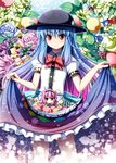  :&lt; ahoge akashio_(loli_ace) blue_hair blush_stickers bow flower food frown fruit grapes hairband hat heart hinanawi_tenshi jitome komeiji_satori leaf long_hair looking_at_viewer minigirl multiple_girls peach pink_hair red_eyes skirt_basket smile third_eye touhou 