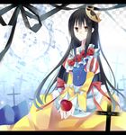  apple bare_shoulder black_hair bow clock cross crown dress flower food fruit gem jewel long_hair off_shoulder original poison ribbion ribbon rose roses snow_white snow_white_and_the_seven_dwarfs solo yellow_eyes 