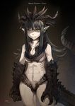  abs black_hair breasts claws cleavage dragon_girl fang horns long_hair medium_breasts monster_girl original pointy_ears solo tail yellow_eyes zhen_lu 