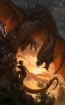  claws cliff climbing clothing cloud clouds dragon eye_contact fantasy feral flying horn human kerem_beyit looking_at_each_other male mammal open_mouth outside pants rocks shirt spikes teeth tongue tongue_out tree watermark wings wood 