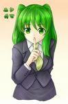  4chan anonymous clover drawfag finger_to_mouth formal four-leaf_clover green_eyes green_hair imageboard_colors necktie non-web_source personification shushing suit twintails 