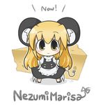 animal_ears apron bad_id bad_pixiv_id bangs black_dress blonde_hair blush bow buttons character_name cheese chibi dress food highres kemonomimi_mode kirisame_marisa light_smile long_hair looking_at_viewer minigirl mouse_ears mouse_marisa mouse_tail no_hat no_headwear shirt simple_background solo standing tail tail_bow touhou white_background yellow_eyes yuasan 