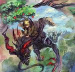 ?? blonde_hair claws dragon feral flying fruit hair human male mammal riding teeth tree vase wood zurumuke_bakuhu 