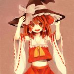  :d adjusting_clothes adjusting_hat ascot bow brown_eyes brown_hair detached_sleeves frills hair_tubes hakurei_reimu hat hat_bow midriff navel ogi_(sham00) open_mouth simple_background smile solo touhou witch_hat 