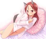  animal_ears bad_id bad_pixiv_id bare_legs blush boko_(maniacpurple) bottomless breasts dress_shirt frilled_pillow frills groin huge_breasts long_hair lying minna-dietlinde_wilcke naked_shirt on_bed on_side pillow red_eyes red_hair shirt solo strike_witches tail thighs wolf_ears wolf_tail world_witches_series 