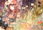  brown_hair detached_sleeves flower food fruit lamp long_hair original pointy_ears purple_eyes rioka_(southern_blue_sky) road rose solo street vanishing_point white_flower white_rose 