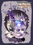  1girl alternate_costume alternate_headwear apron black_dress blue_eyes blue_hair blush book cirno dress graveyard hat lamp necktie short_hair sitting solo staff star touhou town wings witch_hat yuya_(minus-k) 