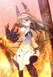 bare_shoulders boots dissolving_clothes gauntlets glowing hair_over_one_eye highres infinite_stratos laura_bodewig minoinomi no_eyepatch red_eyes robot_ears schwarzer_roegen silver_hair solo transformation uniform 