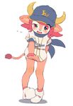  baseball_cap baseball_jersey blush bottomless buffalo_bell clothes_writing gloves hat horns mascot nippon_professional_baseball orix_buffaloes pink_eyes pink_hair red_eyes s.o_chin short_hair simple_background solo tail uneven_eyes 