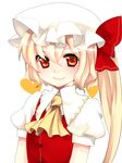  ascot blonde_hair blush closed_mouth face flandre_scarlet hair_between_eyes hat heart lips long_hair puffy_sleeves red_eyes side_ponytail simple_background smile solo touhou upper_body yutazou 