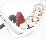  :o albino arm_garter bad_id bad_pixiv_id black_legwear bracelet hammock heart heart_pillow heisei_yutorin jewelry long_hair looking_at_viewer mismatched_legwear original pillow pillow_hug red_eyes solo striped striped_legwear thighhighs white_hair 