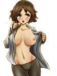  artist_request blush breasts brown_eyes brown_hair navel nipples open_clothes open_mouth open_shirt pantyhose shirt short_hair solo source_request tachi undressing 