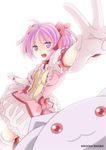  absurdres bubble_skirt choker copyright_name gloves highres kaname_madoka kyubey magical_girl mahou_shoujo_madoka_magica medium_skirt pink_eyes pink_hair pink_skirt puffy_sleeves short_twintails skirt srx61800 twintails white_background white_gloves 