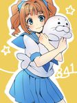  :3 blue_eyes blush brown_hair doll_hug idolmaster idolmaster_(classic) k.y_ko looking_at_viewer school_uniform seal solo star stuffed_animal stuffed_seal stuffed_toy takatsuki_yayoi twintails 