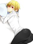  androgynous ass ass_focus blonde_hair blush bulge fate/zero fate_(series) from_behind gilgamesh haine_(howling) looking_back male_focus pillow red_eyes solo 