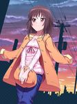  bakemonogatari brown_eyes brown_hair cabbie_hat hat hat_removed headwear_removed highres holding holding_hat jacket jacket_on_shoulders kemu monogatari_(series) power_lines sengoku_nadeko short_hair smile solo 