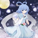  blue_eyes blue_hair cloud dress flower full_moon hair_ornament hair_rings hair_stick highres kaku_seiga moon shawl short_hair sky smile solo sumochi touhou vest 