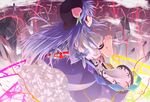  blouse blue_hair blue_skirt boulder food frilled_skirt frills fruit gathers hands_clasped hat hinanawi_tenshi lightning long_hair medium_skirt own_hands_together peach petticoat puffy_short_sleeves puffy_sleeves razy_(skuroko) short_sleeves skirt solo too_many too_many_frills touhou white_blouse 