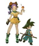  1girl :p bad_hands bare_legs belt black_eyes black_hair blush_stickers bow braid bulma dragon_ball dragon_ball_(classic) dragon_ball_(object) dress gloves hair_bow heart height_difference highres koki_(ryoushikiha) long_hair monkey_tail one_eye_closed ponytail purple_hair shoes short_dress short_sleeves single_braid single_glove sketch smile son_gokuu spiked_hair staff tail tongue tongue_out watch yellow_dress younger 