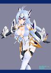  antenna_hair blue_hair breasts elbow_gloves garter_straps gloves highres jousanrou kos-mos kos-mos_ver._4 large_breasts leaning_forward letterboxed open_mouth red_eyes robot_ears solo thighhighs xenosaga xenosaga_episode_iii 