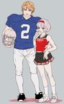  1girl bare_shoulders black_skirt blonde_hair blue_eyes bob_cut cheerleader cis_(tiger_&amp;_bunny) cosplay couple flat_color football_helmet football_uniform hairband height_difference helmet hetero kamen_rider kamen_rider_fourze_(series) keith_goodman mamemo_(daifuku_mame) miniskirt parody pleated_skirt short_hair skirt sportswear tiger_&amp;_bunny white_hair 