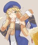  alcohol arc_system_works beer beret blazblue blonde_hair blush chiwino food green_eyes hat noel_vermillion saliva sausage sexually_suggestive tongue uniform wink 