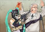  1girl assault_rifle at_gunpoint balaclava call_of_duty call_of_duty:_modern_warfare_2 colonel_sanders cosplay detached_sleeves ghost_(modern_warfare_2) ghost_(modern_warfare_2)_(cosplay) gloves gun hatsune_miku kfc load_bearing_vest m4_carbine mcdonald's rifle sunglasses thighhighs threat twintails vocaloid weapon 