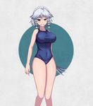  2radpersec blue_eyes braid breasts cameltoe covered_navel highres izayoi_sakuya knife large_breasts legs long_legs maid_headdress naughty_face one-piece_swimsuit school_swimsuit silver_hair solo swimsuit thighs touhou 
