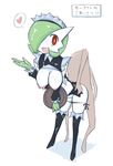  black_legwear black_panties breasts clothed_pokemon cum cum_on_body cum_on_lower_body cum_on_upper_body detached_sleeves facial gardevoir gen_3_pokemon green_hair hair_over_one_eye heart highres ikanomaru large_breasts maid_headdress open_mouth panties panty_pull personification pokemon red_eyes sex side-tie_panties solo_focus spoken_heart thighhighs translation_request tray underwear waitress 