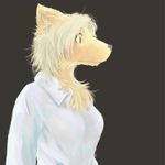  blonde_hair breasts canine chest_tuft clothed clothing female fox fur green_eyes grey_background hair kunugi looking_away mammal plain_background shirt solo tuft 