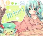  :3 alternate_costume alternate_hair_color alternate_hairstyle aqua_hair bad_id bad_pixiv_id barefoot blush casual character_name contemporary frog green_eyes hair_bobbles hair_down hair_ornament hat headphones kappa kawashiro_nitori kawashiro_nitori_(kappa) komeshiro_kasu looking_at_viewer lying musical_note off_shoulder on_stomach polka_dot solo touhou unmoving_pattern 