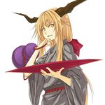  bad_id bad_pixiv_id blonde_hair bow cup gourd hair_bow holding horns ibuki_suika japanese_clothes kimono long_hair ni_piao_xiancai pointy_ears ribbon sakazuki solo touhou yellow_eyes 