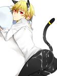  animal_ears ass ass_focus blonde_hair blush bulge cat_ears cat_tail cum cum_on_clothes cum_on_hair facial fate/zero fate_(series) from_behind gilgamesh haine_(howling) looking_back male_focus pillow red_eyes solo tail 