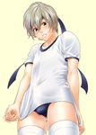  blush brown_hair bulge buruma crossdressing embarrassed erection erection_under_clothes gym_uniform headband highres kneehighs male_focus morisato_yuuji original otoko_no_ko shirt_tug solo sweat sweatdrop thighhighs white_legwear yellow_eyes 