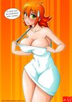  big_breasts blush breasts female green_eyes hair huge_breasts human looking_at_viewer mammal navel nipples red_hair solo spanish spanish_text sweat sweatdrop text towel translated wide_hips witchking00 